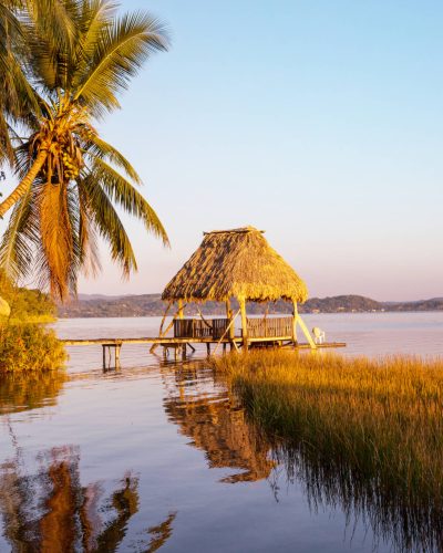 Sunset scene at the lake Peten Itza, Guatemala. Central America.